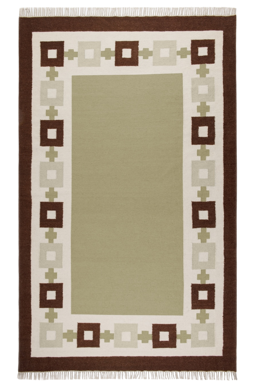 Wool rug in Sage, Chocolate, Celadon and Eggshell.
