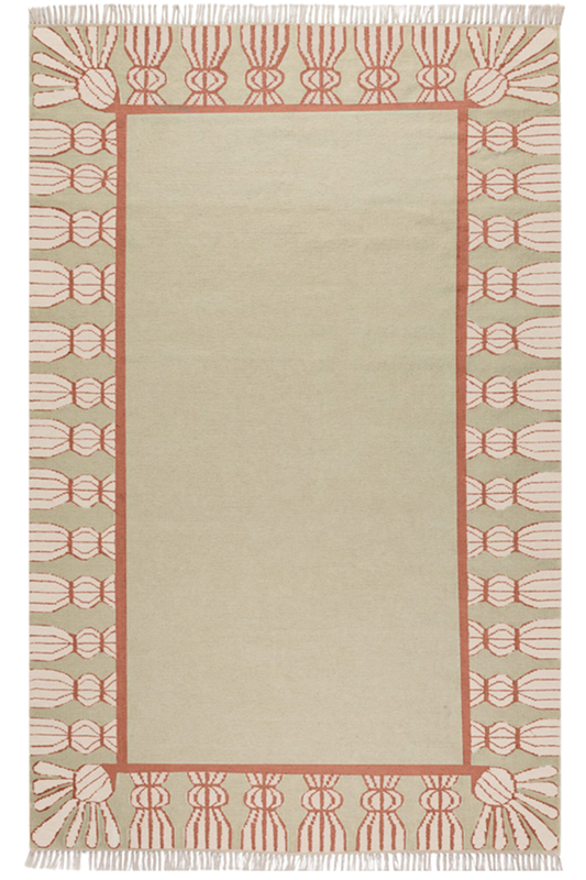 Wool rug in Celadon, Topaz and Eggshell.
