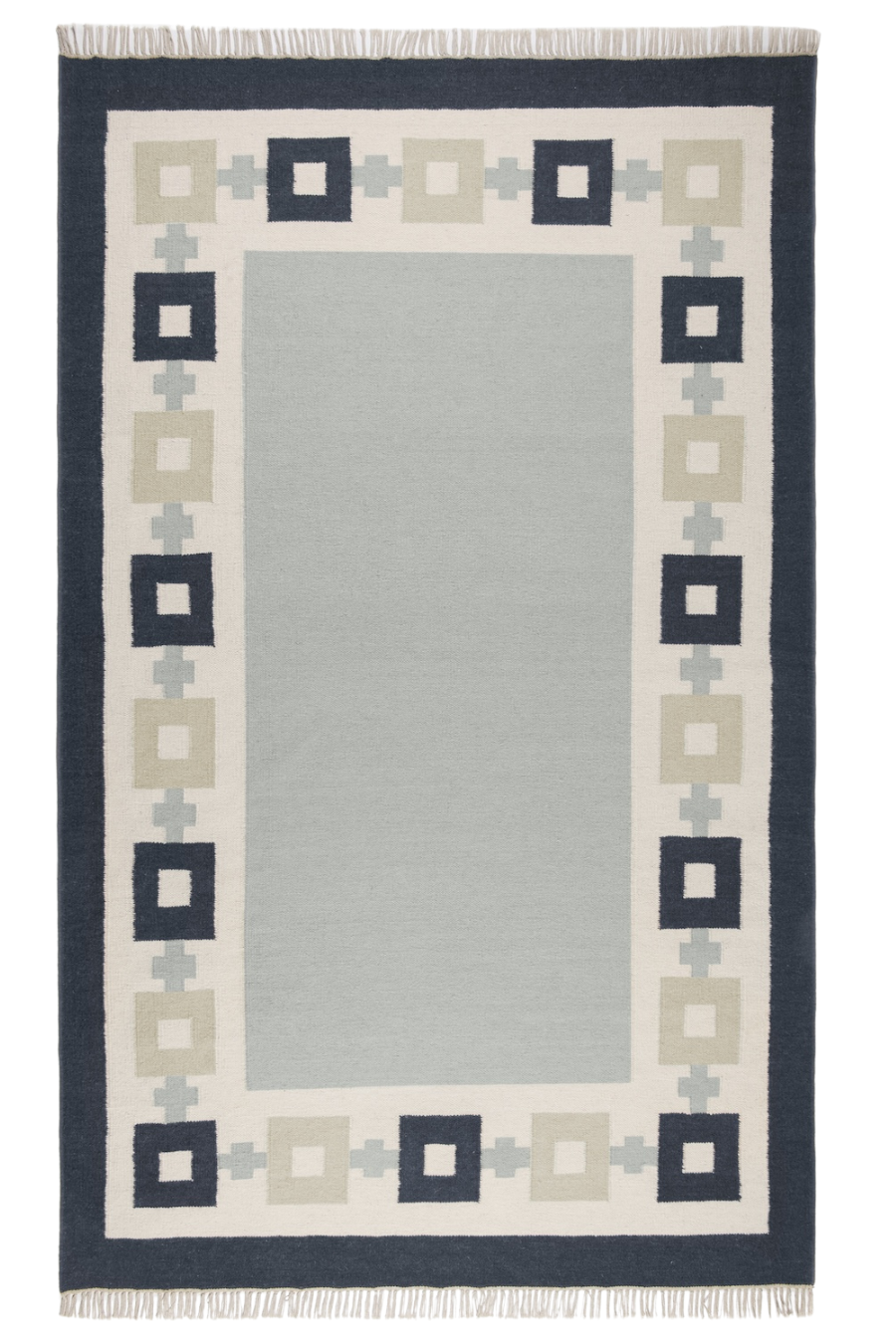 Wool rug in Sky Blue, Navy, Celadon and Eggshell.