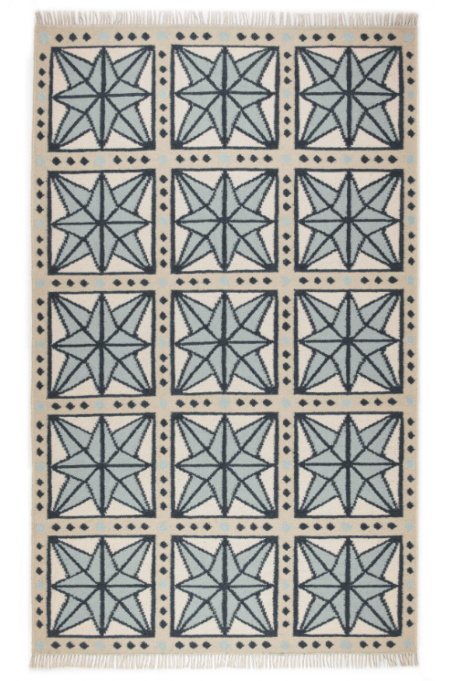 Wool rug in Celadon, Navy, Sky Blue and Eggshell.