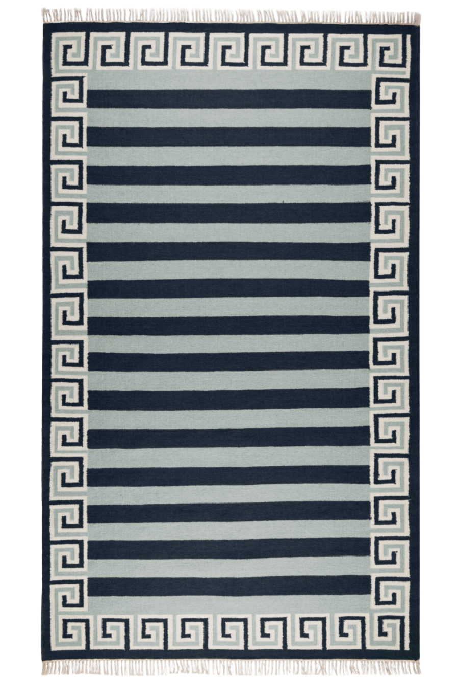 Wool rug in Sky Blue, Navy and Eggshell.