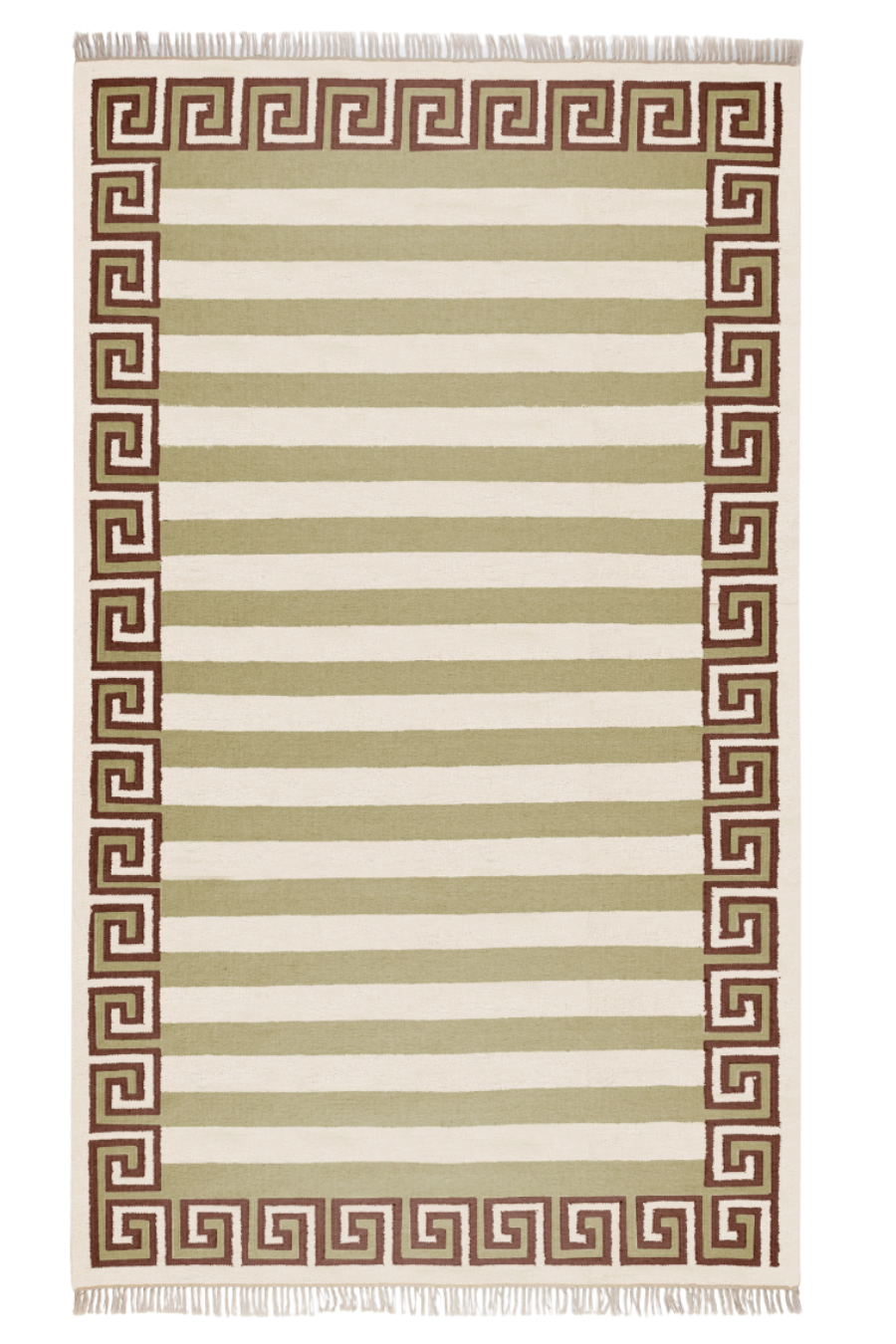 Wool rug in Sage, Chocolate and Eggshell.