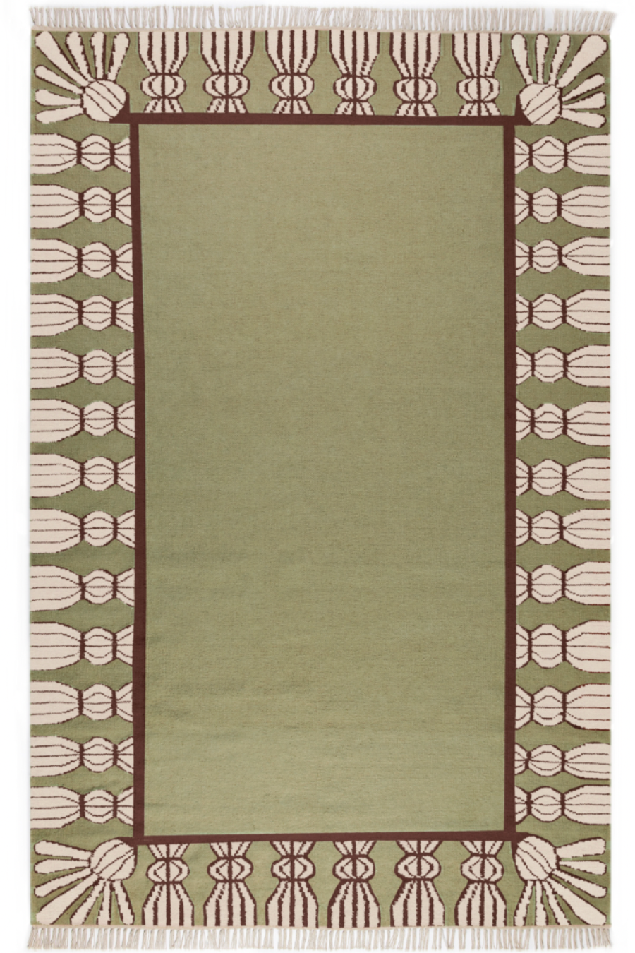 Wool rug in Sage, Chocolate and Eggshell.