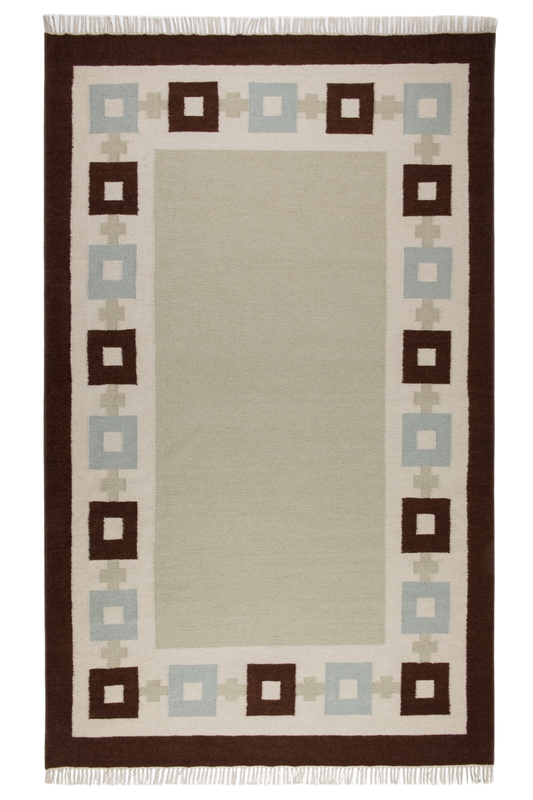 Wool rug in Celadon, Sky Blue, Chocolate and Eggshell.