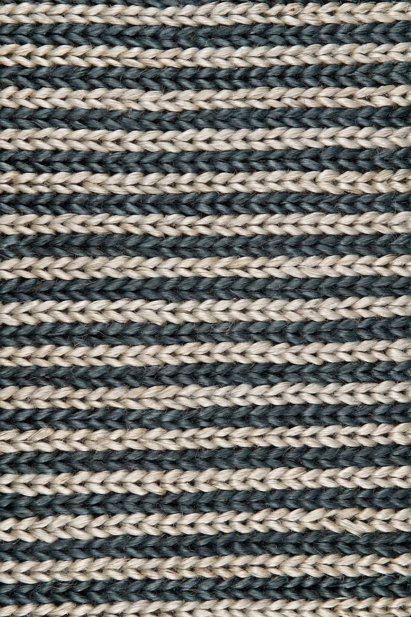 Handwoven jute rug sample in Navy and Sky Blue by Part & Parcel Goods