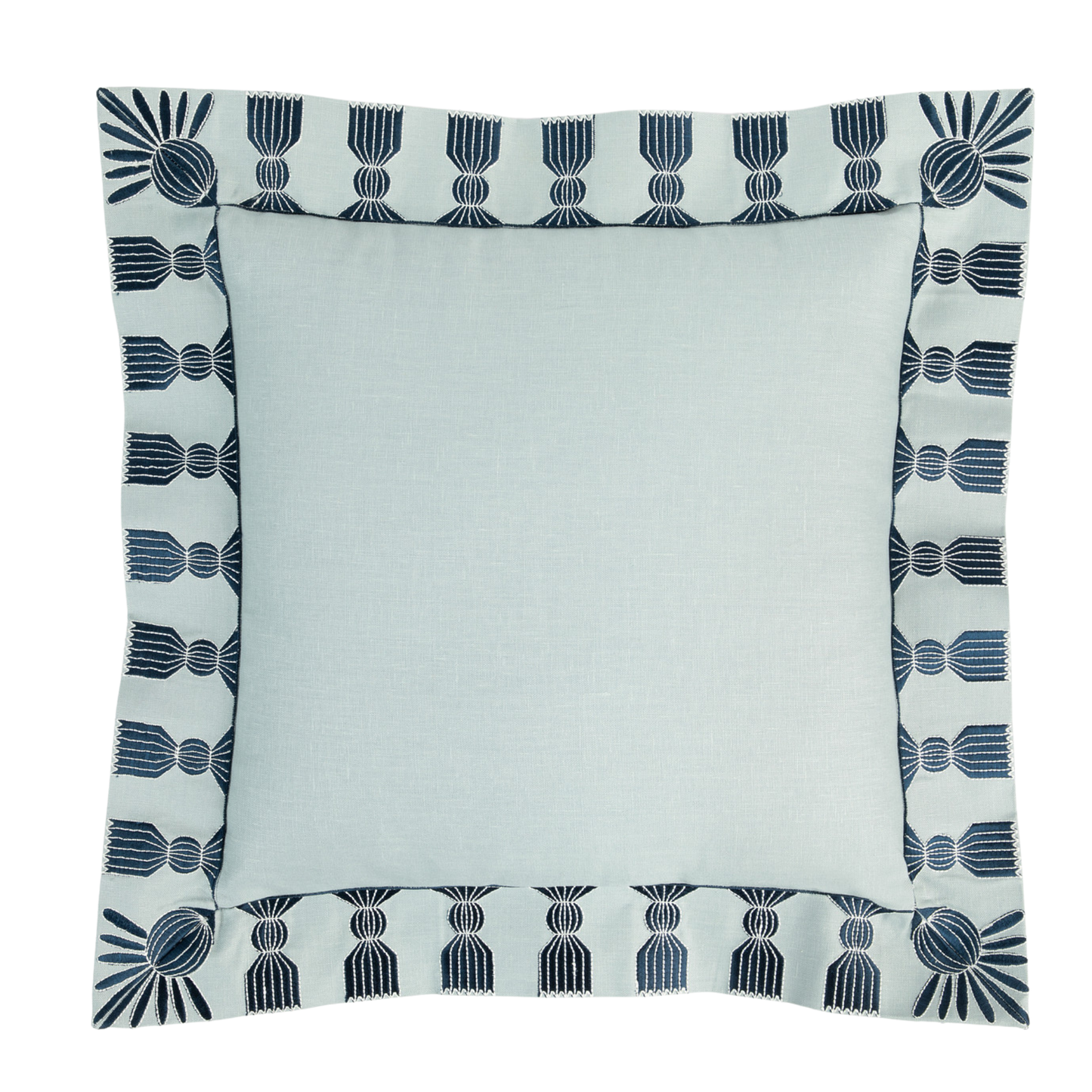 Tassel Embroidered Linen Pillow, Sky Blue & Navy, 24 "x 24"