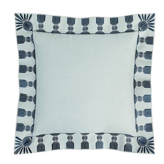 Tassel Embroidered Linen Pillow, Sky Blue & Navy, 24 "x 24", Trade Pricing