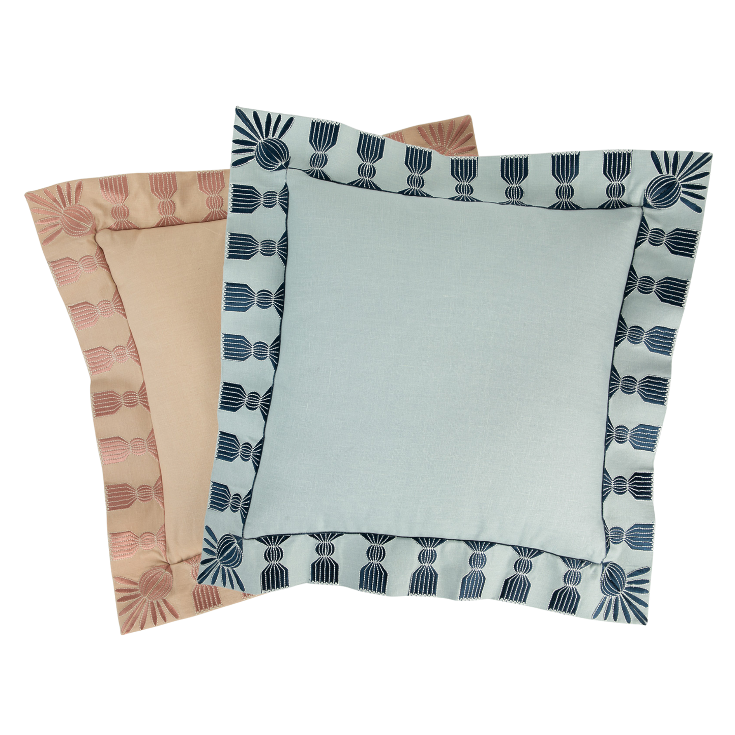Tassel Embroidered Linen Pillow, Sky Blue & Navy, 24 "x 24"