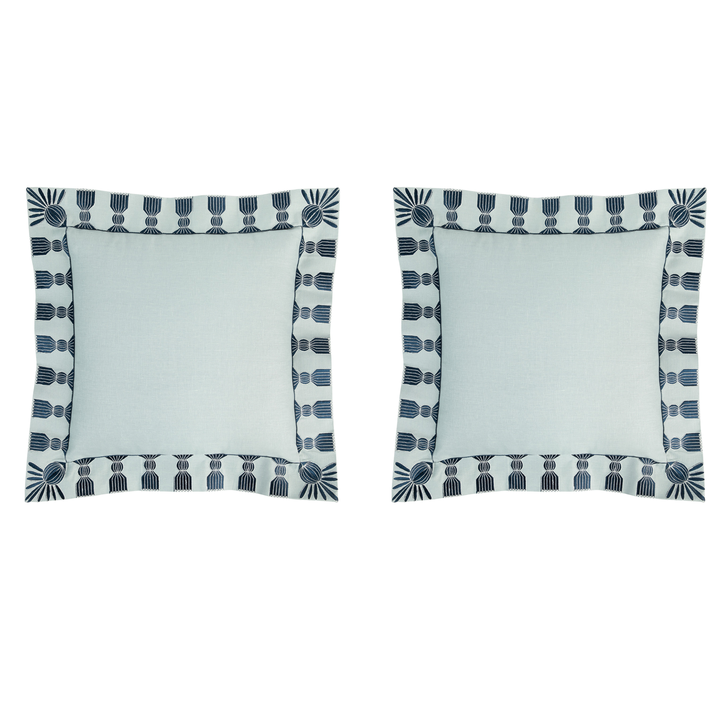 Tassel Embroidered Linen Pillow, Sky Blue & Navy, 24 "x 24"